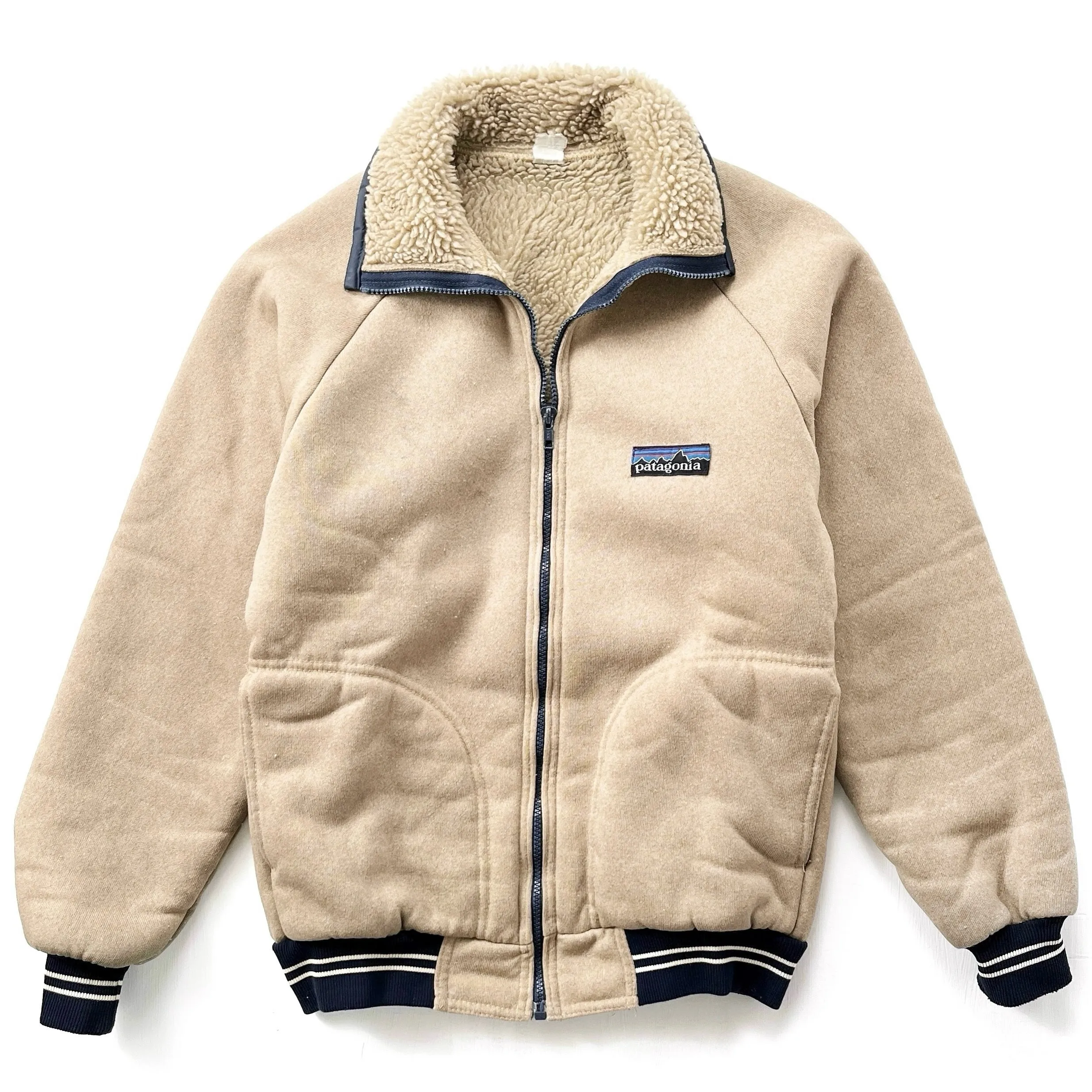 1980 Patagonia Full-Zip Pile Jacket, Light Tan & Navy (S)