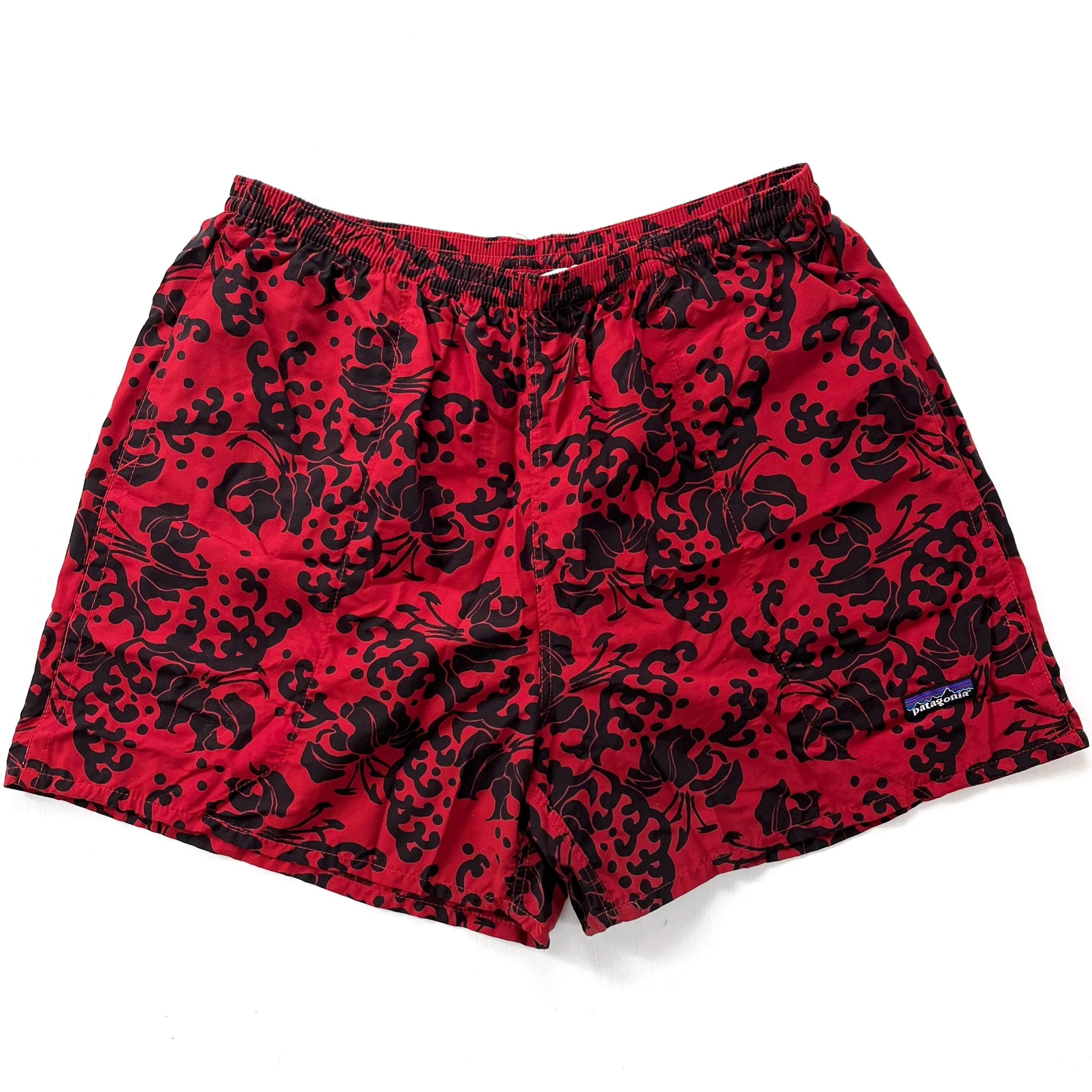 2006 Patagonia Mens 5” Printed Nylon Baggies Shorts, Red & Black (L)