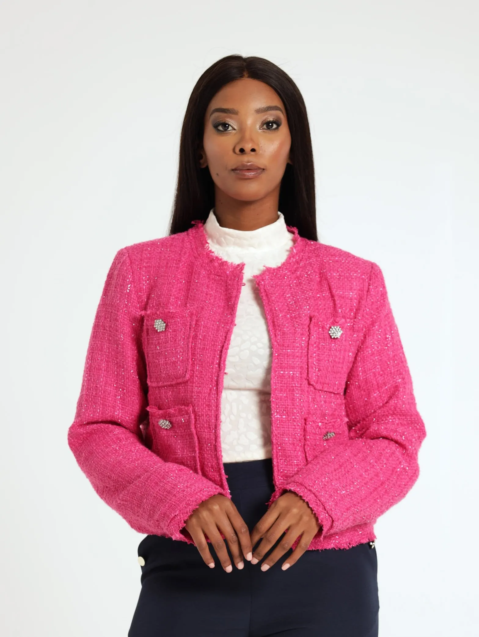 4 Pocket Sparkle Tweed Jacket - Pink