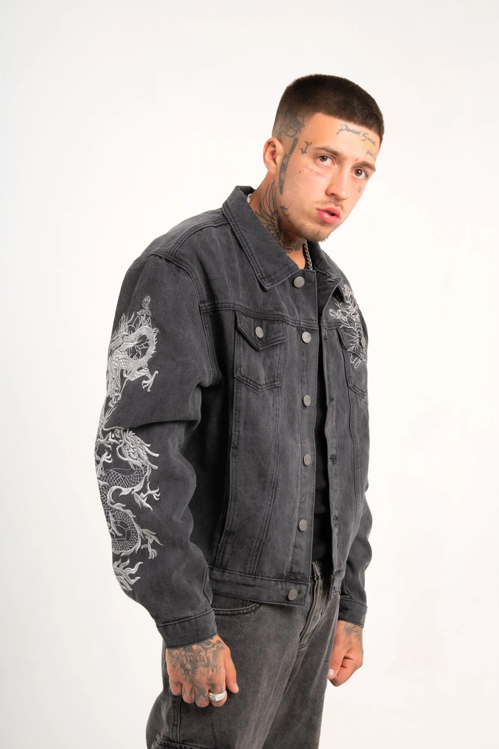 A World Dynasty Oversized Denim Jacket in Washed Black