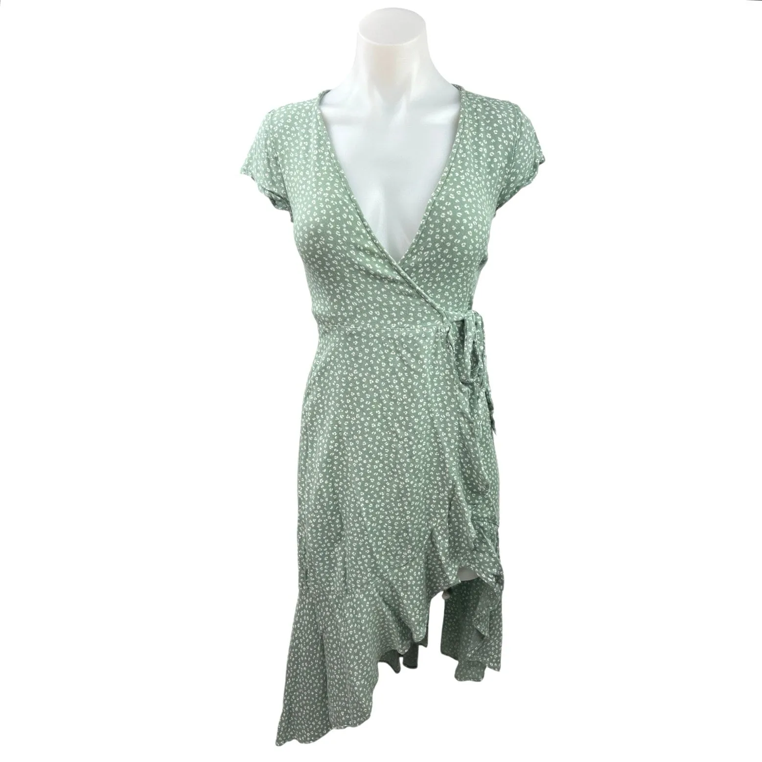 Abercrombie & Fitch Green Floral Ruffle Asymmetric V-neck Midi Wrap Dress Sz 2XS