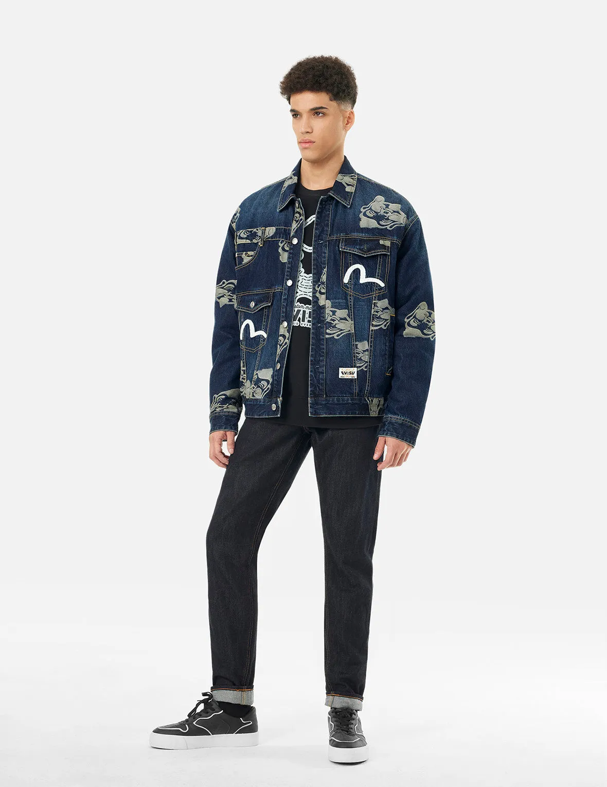 Allover Godhead Jacquard and Seagull Embroidery Loose Fit Deconstructive Denim Jacket