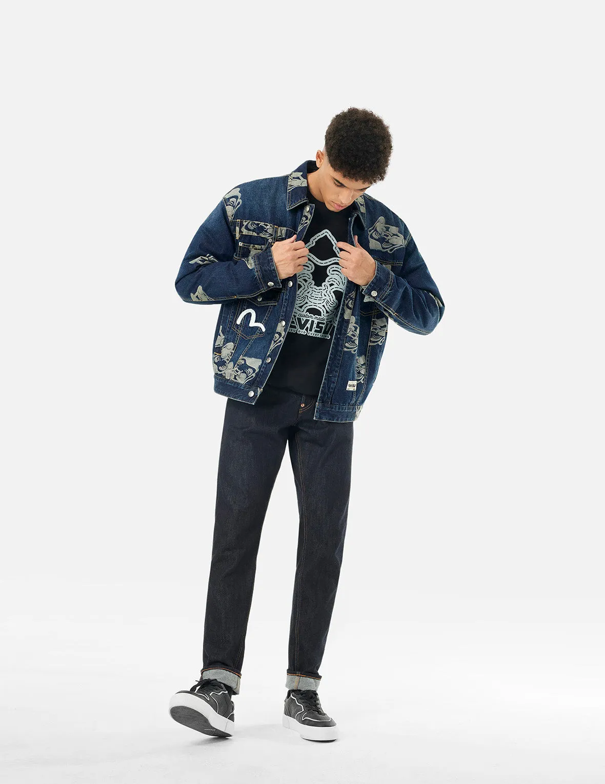 Allover Godhead Jacquard and Seagull Embroidery Loose Fit Deconstructive Denim Jacket