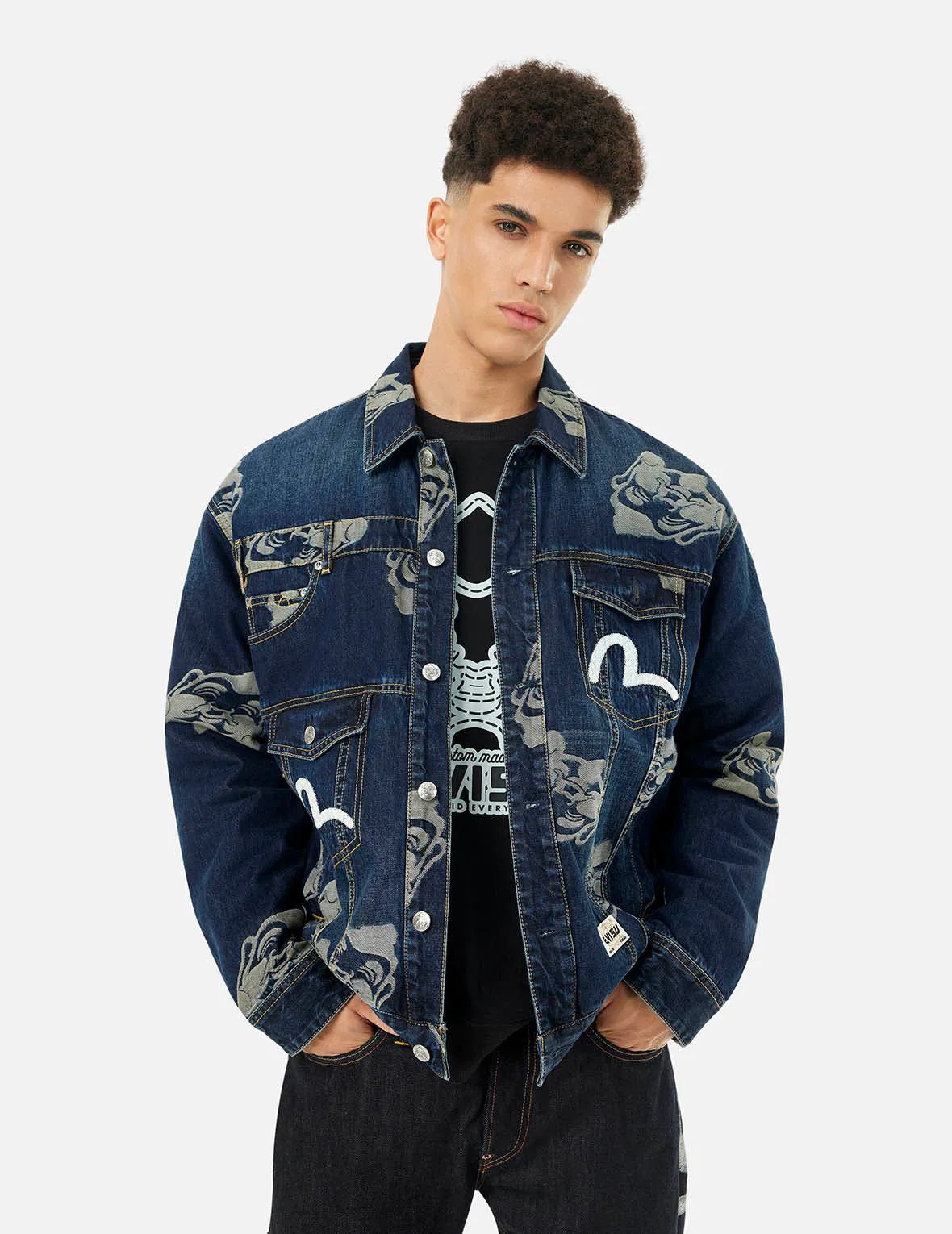 Allover Godhead Jacquard and Seagull Embroidery Loose Fit Deconstructive Denim Jacket