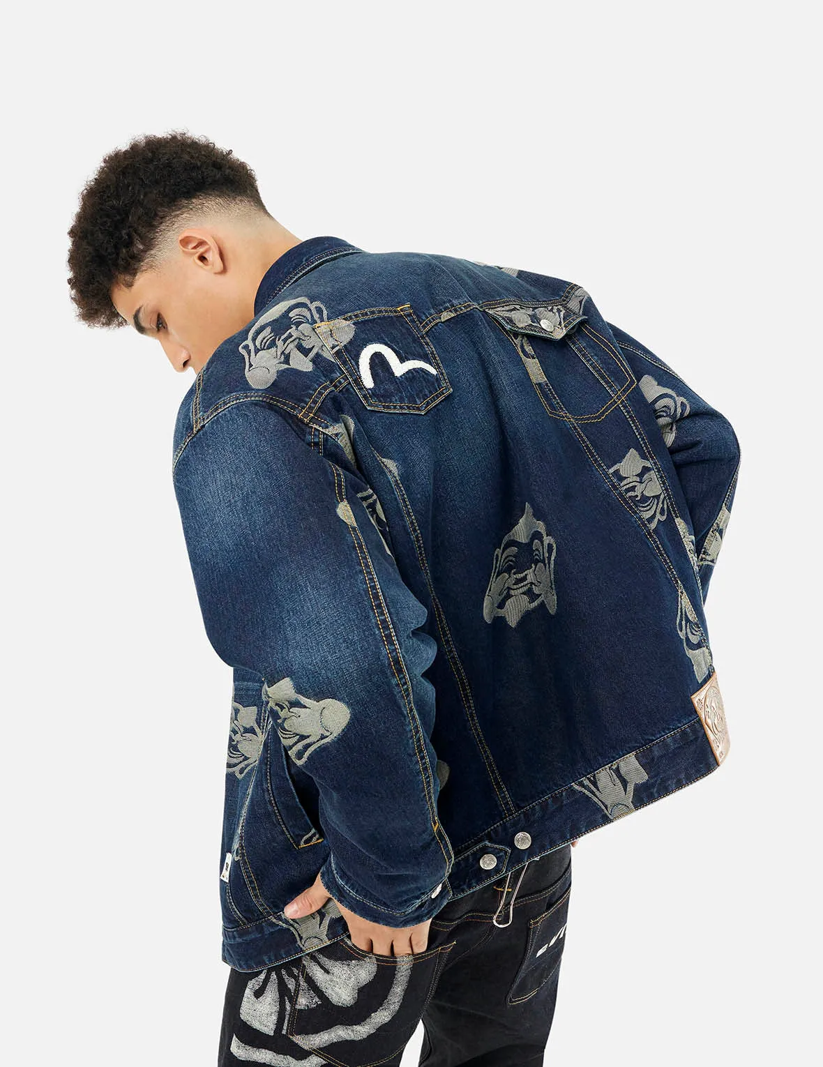 Allover Godhead Jacquard and Seagull Embroidery Loose Fit Deconstructive Denim Jacket