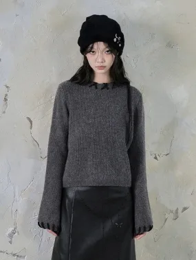 Bell Sleeve Crochet Round Neck Knitted Pullover