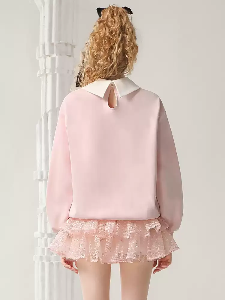 Bijou Round-Collar Ribbon Cute Sweat Pullover