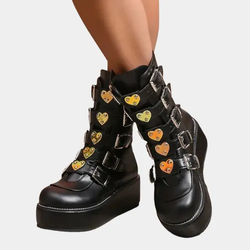 Black Buckle Detailed Lace Up Cleated Ankle Boot