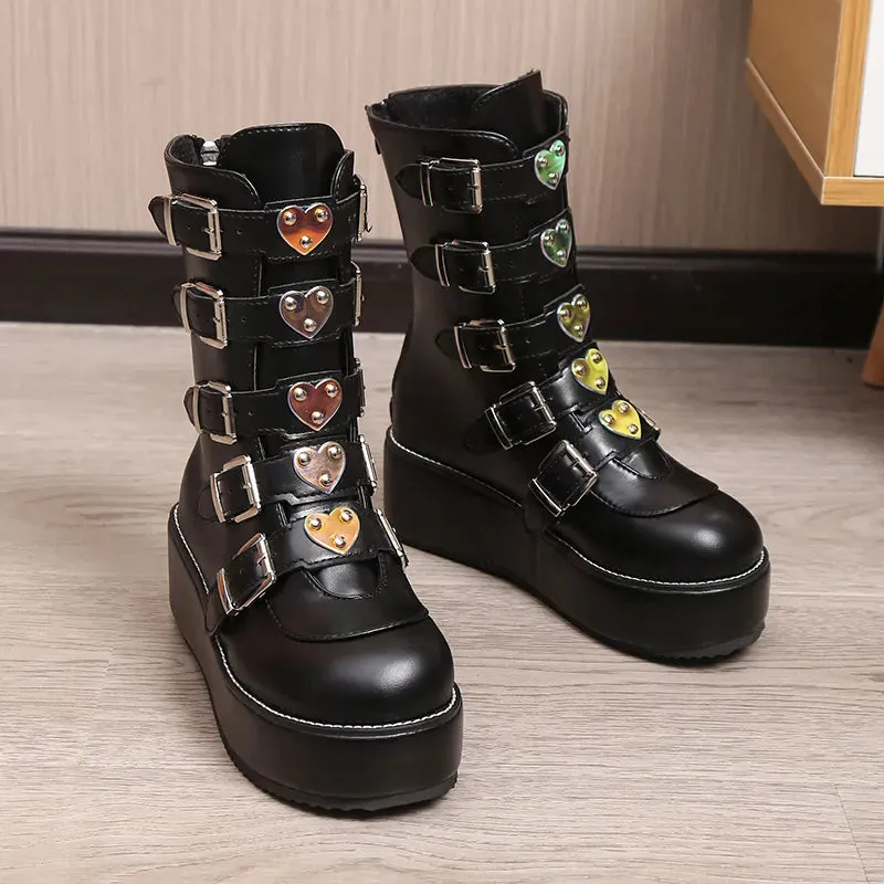 Black Buckle Detailed Lace Up Cleated Ankle Boot