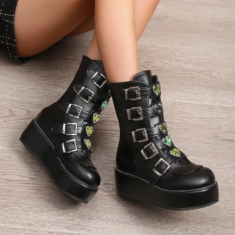 Black Buckle Detailed Lace Up Cleated Ankle Boot