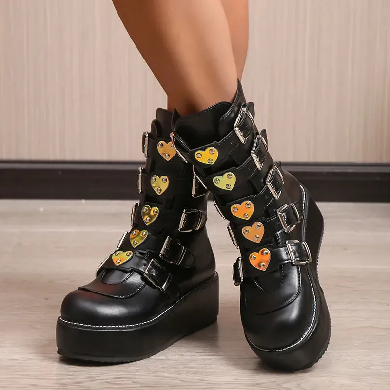 Black Buckle Detailed Lace Up Cleated Ankle Boot