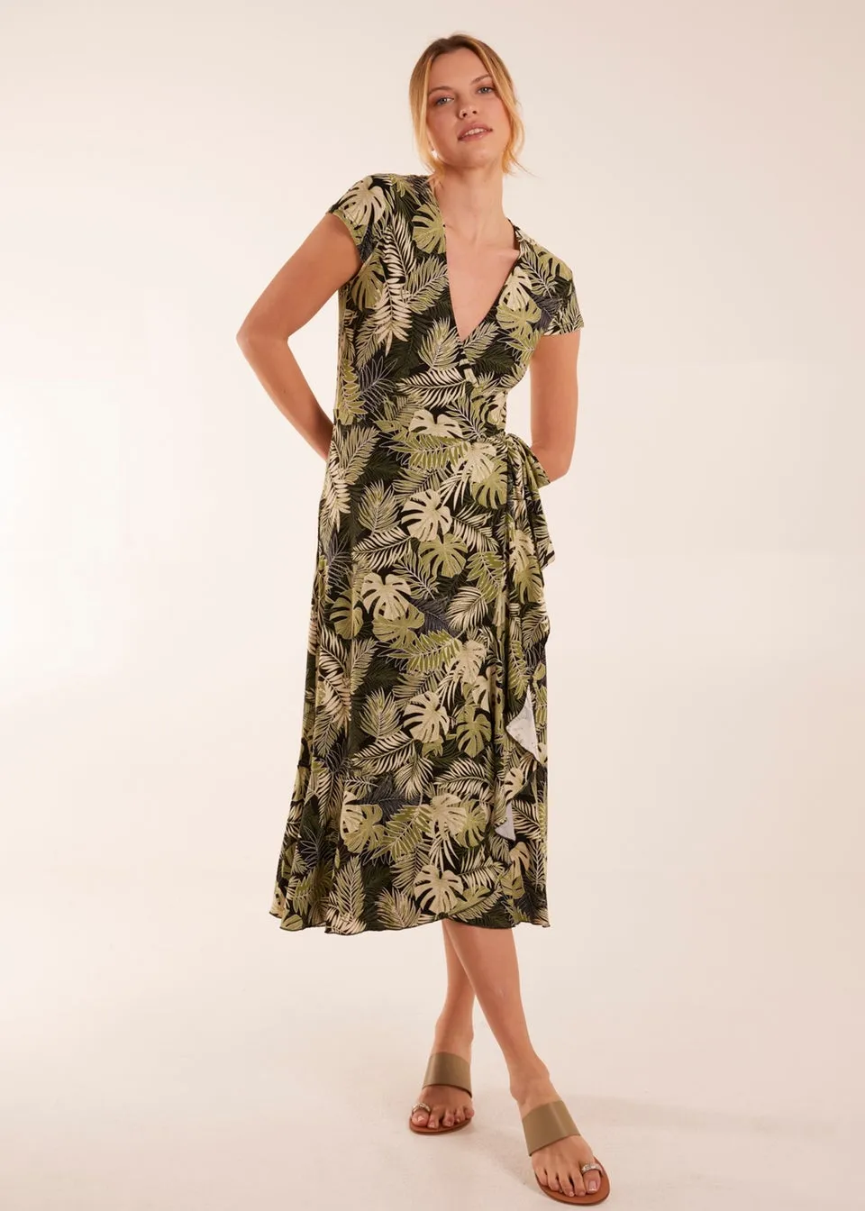 Blue Vanilla Black Tropical Print Wrap Front Midi Dress