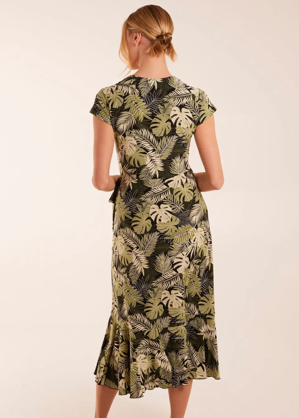 Blue Vanilla Black Tropical Print Wrap Front Midi Dress