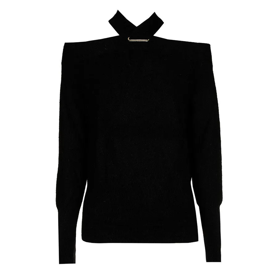 Caroline Biss BLACK OFF-THE-SHOULDERS LOOSE PULLOVER