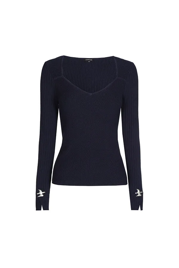 Caroline Biss NIGHT BLUE SWALLOW DETAIL FITTED RIBBED PULLOVER