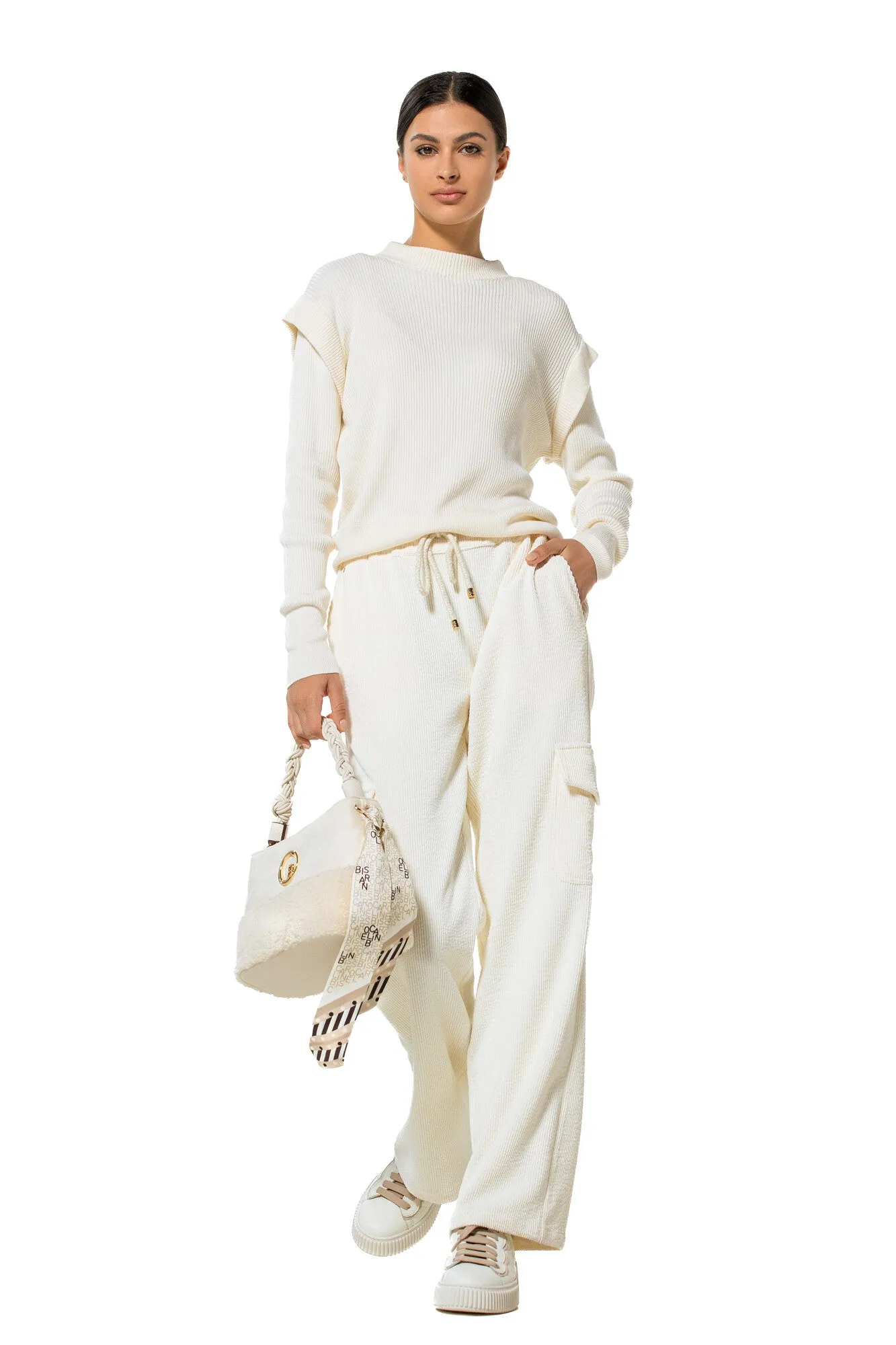 Caroline Biss WHITE RIB-KNIT PULLOVER