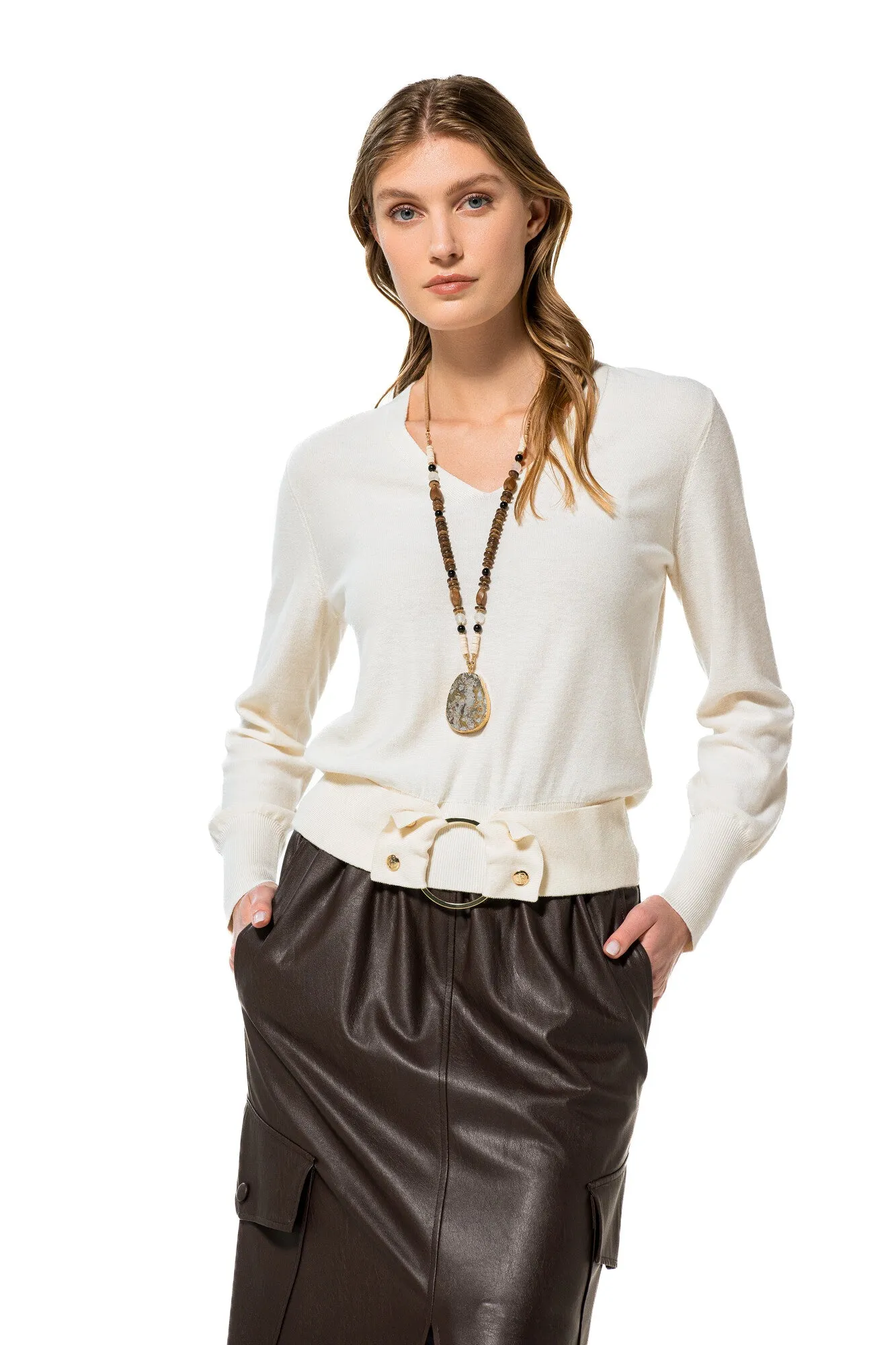 Caroline Biss WHITE WAIST DETAIL FINE-KNIT PULLOVER