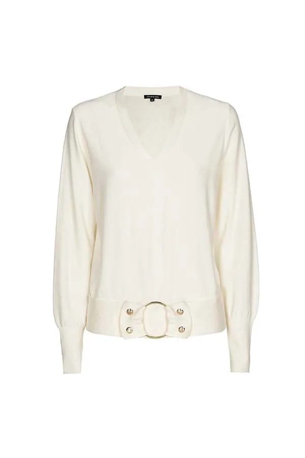 Caroline Biss WHITE WAIST DETAIL FINE-KNIT PULLOVER