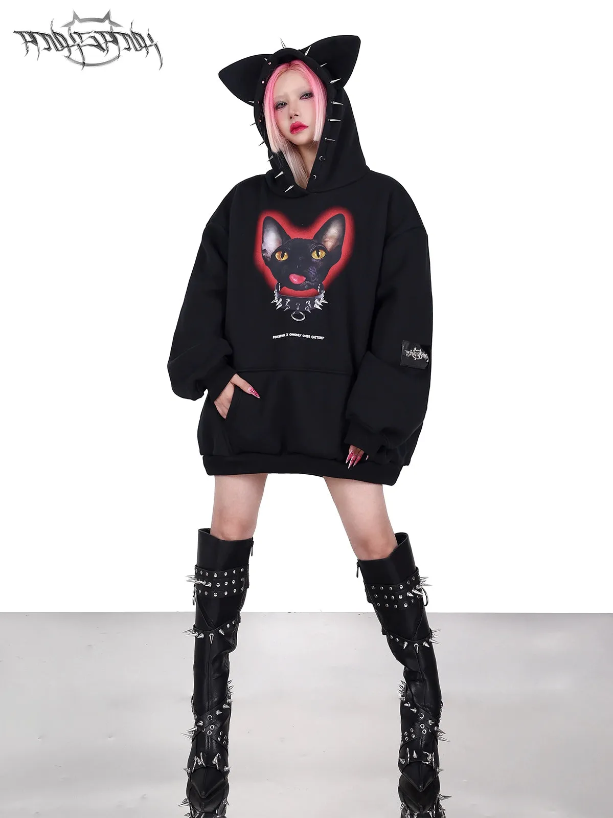 Cat Ear Rivet Rock Punk Sweat Hooded Pullover