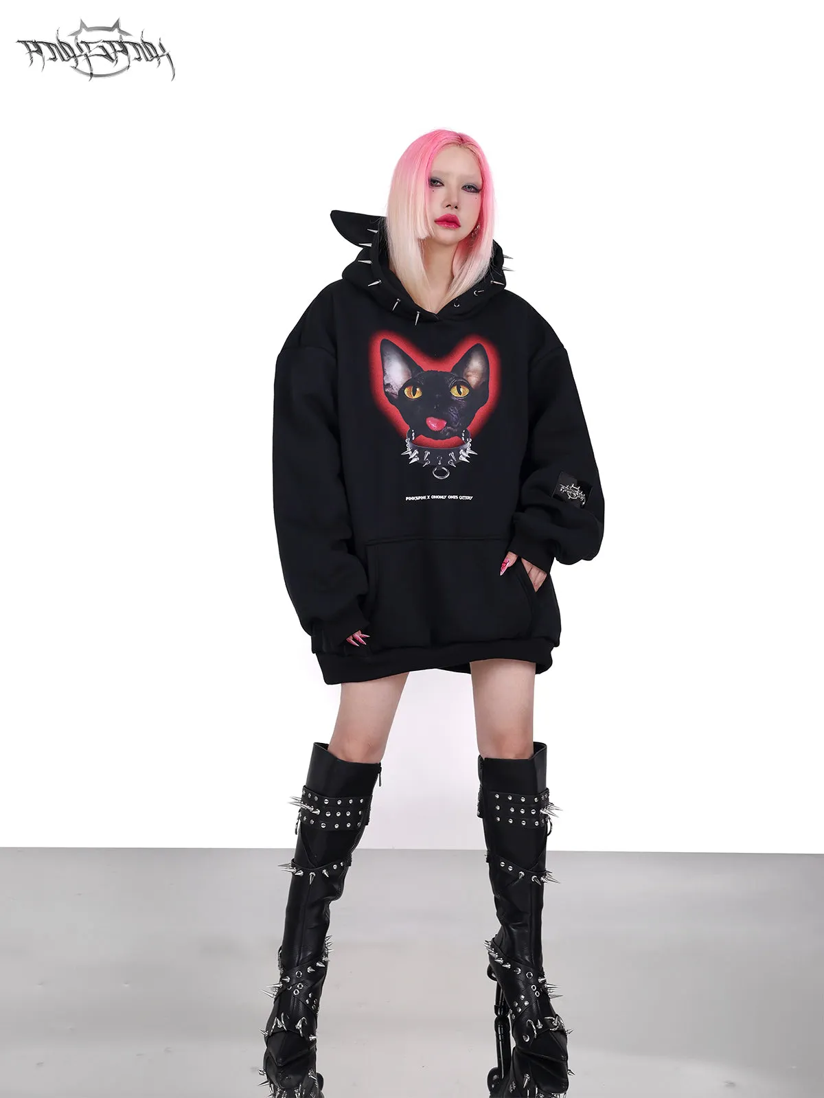 Cat Ear Rivet Rock Punk Sweat Hooded Pullover