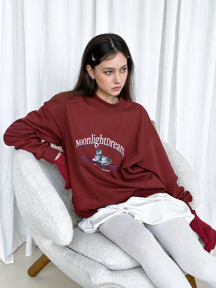 Cat Sweat Logo Casual Crew-Neck Red Pullover