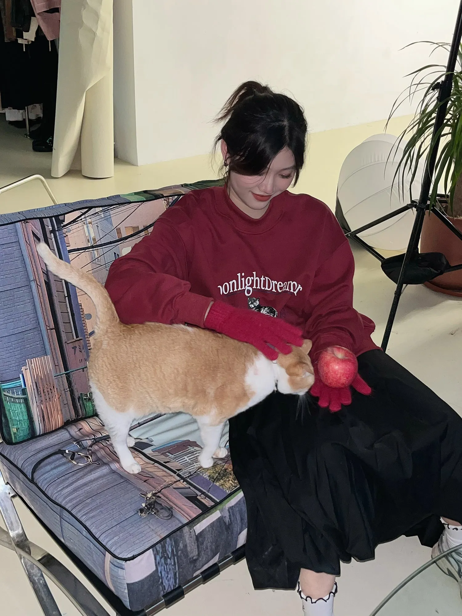 Cat Sweat Logo Casual Crew-Neck Red Pullover