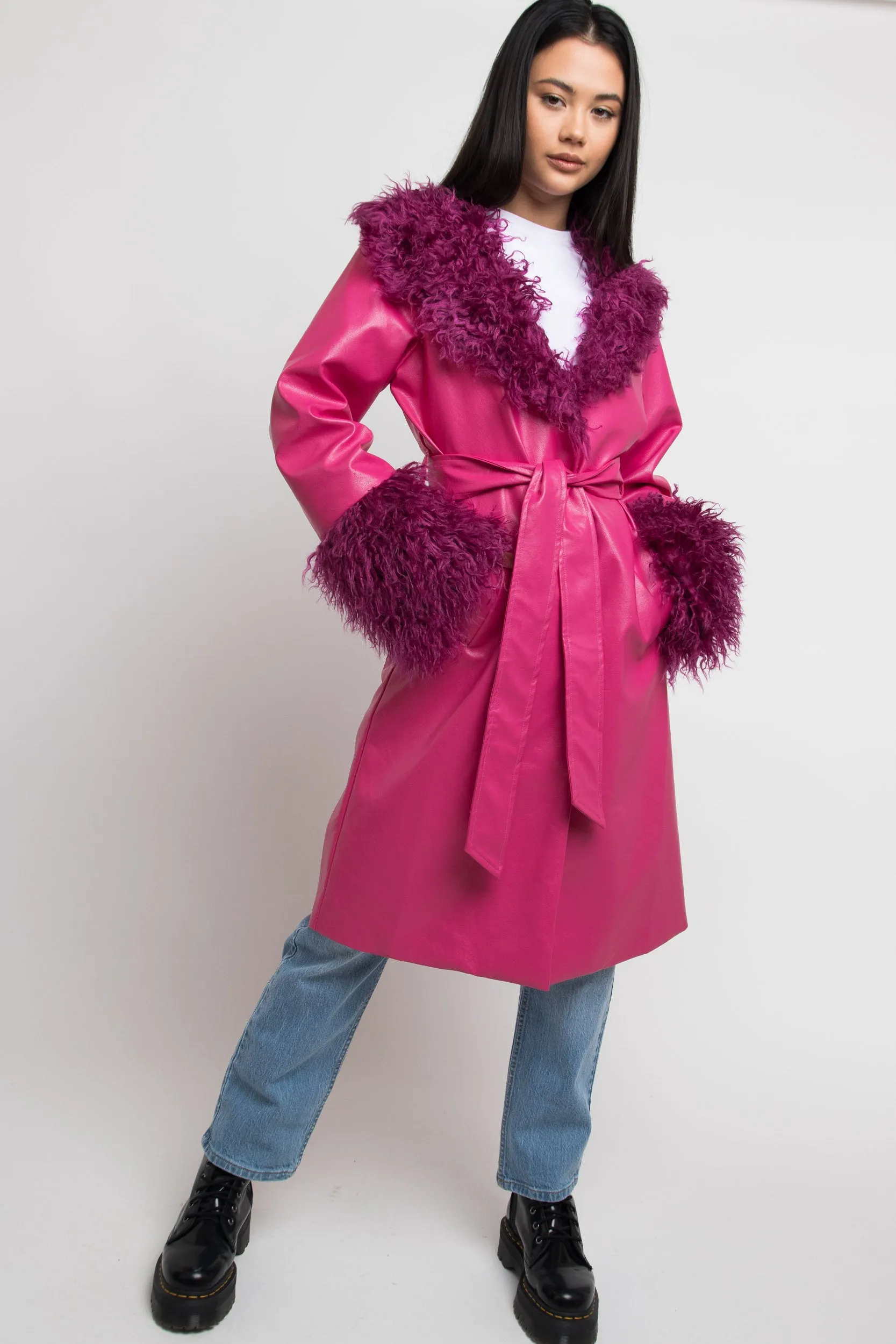 Daisy Street PU Wrap Front Jacket with Faux Fur Cuffs and Collar