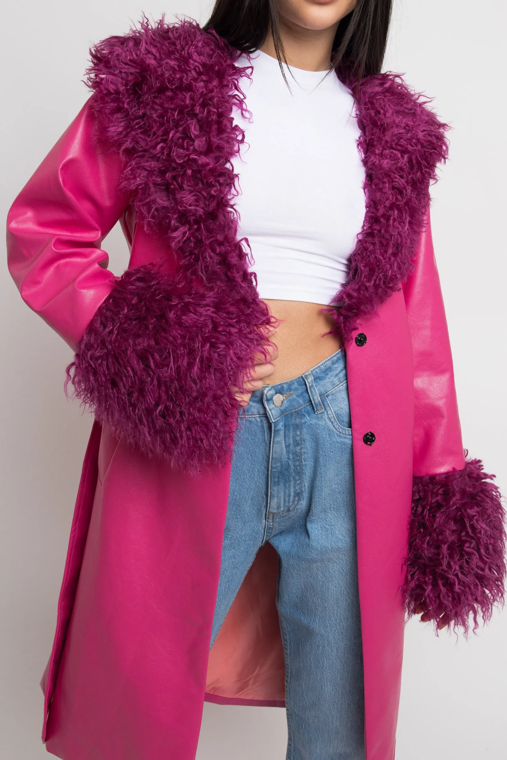 Daisy Street PU Wrap Front Jacket with Faux Fur Cuffs and Collar