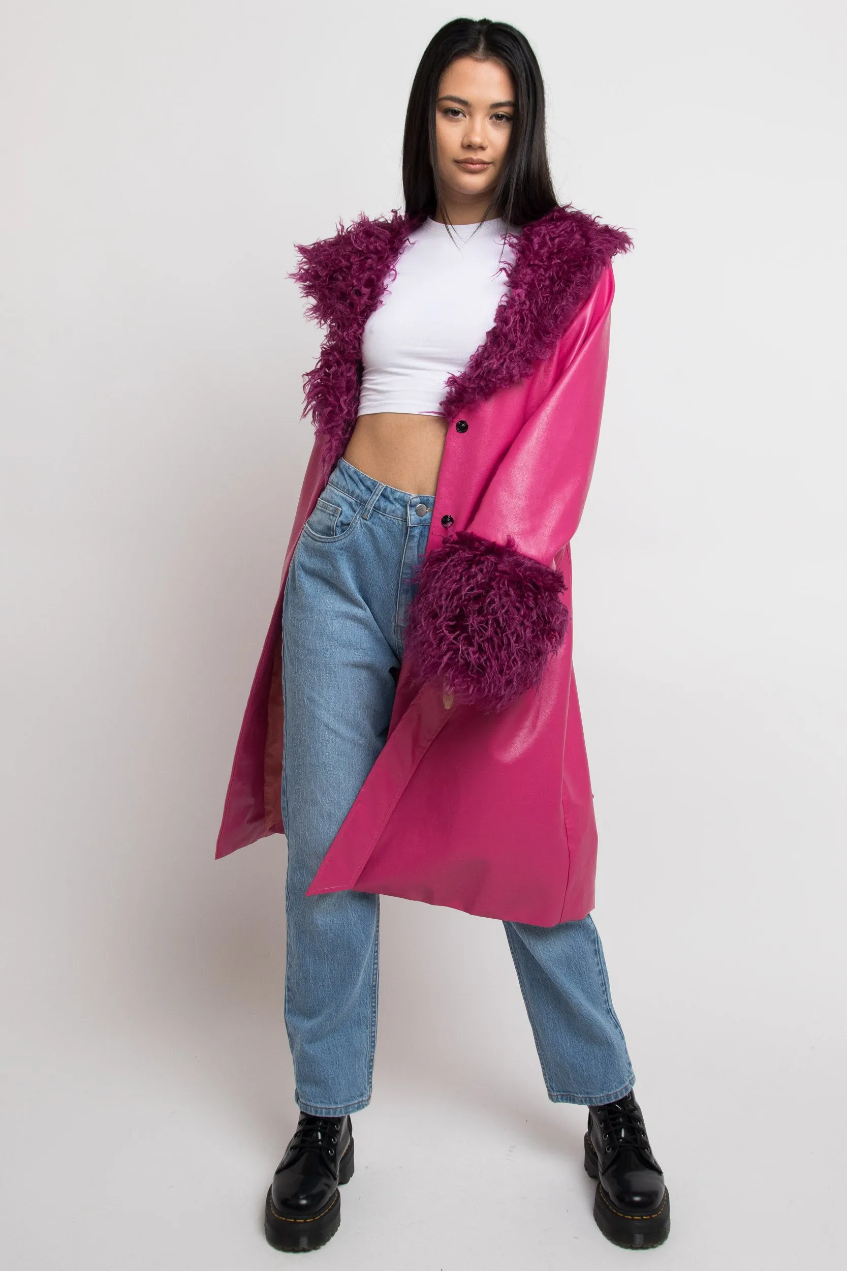 Daisy Street PU Wrap Front Jacket with Faux Fur Cuffs and Collar