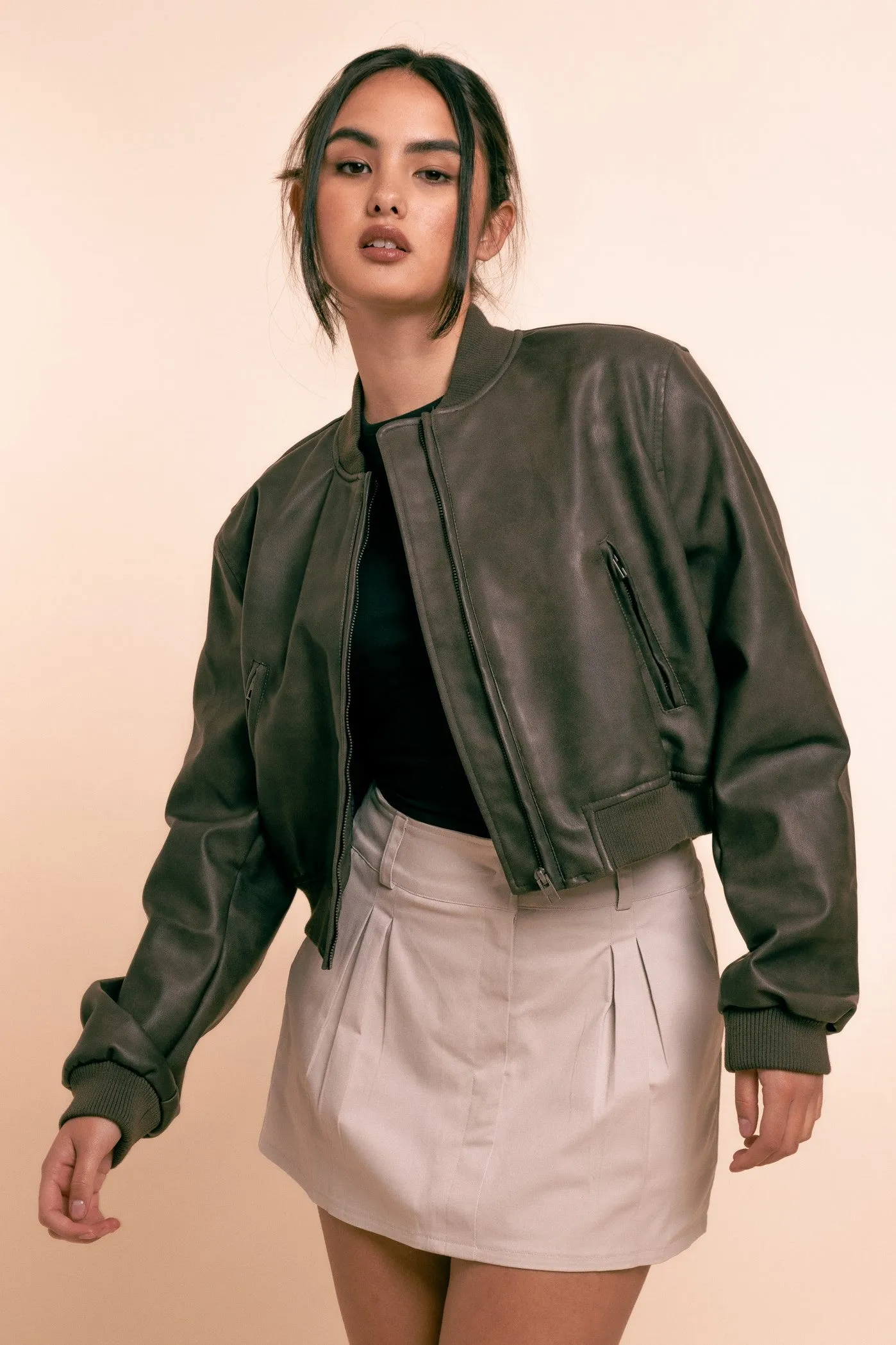 Daisy Street Vintage Pu Bomber Jacket in Brown-Black