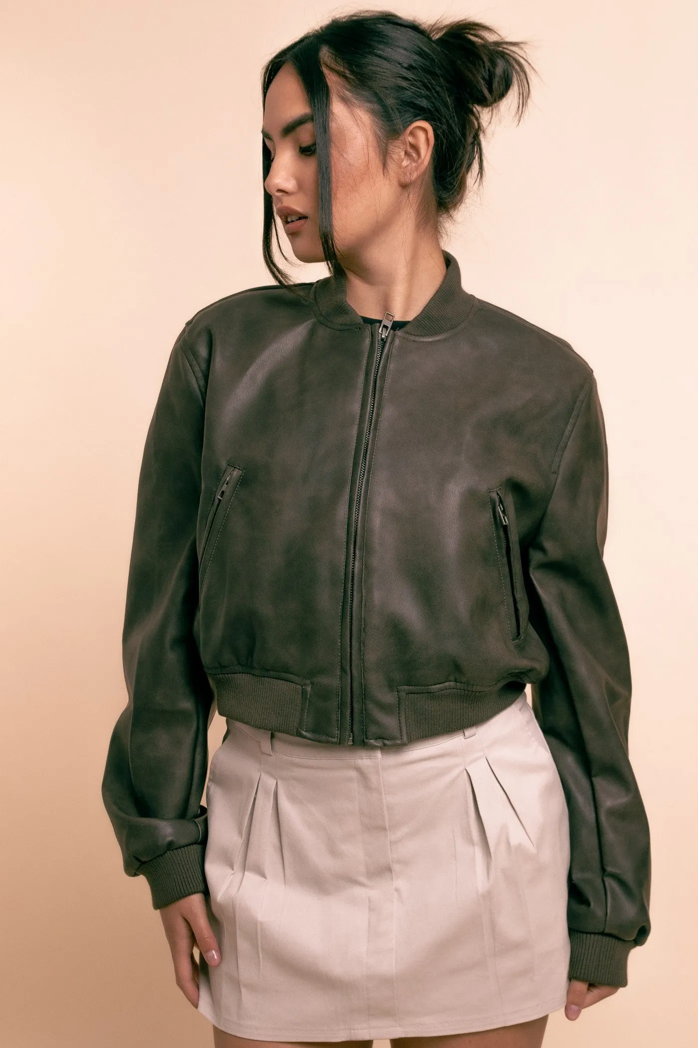 Daisy Street Vintage Pu Bomber Jacket in Brown-Black