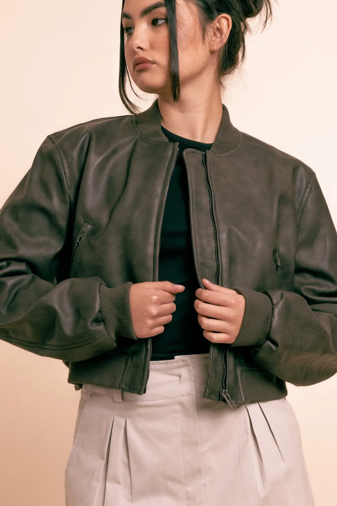 Daisy Street Vintage Pu Bomber Jacket in Brown-Black