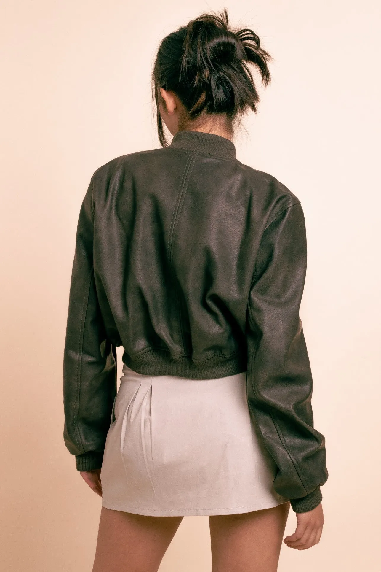 Daisy Street Vintage Pu Bomber Jacket in Brown-Black