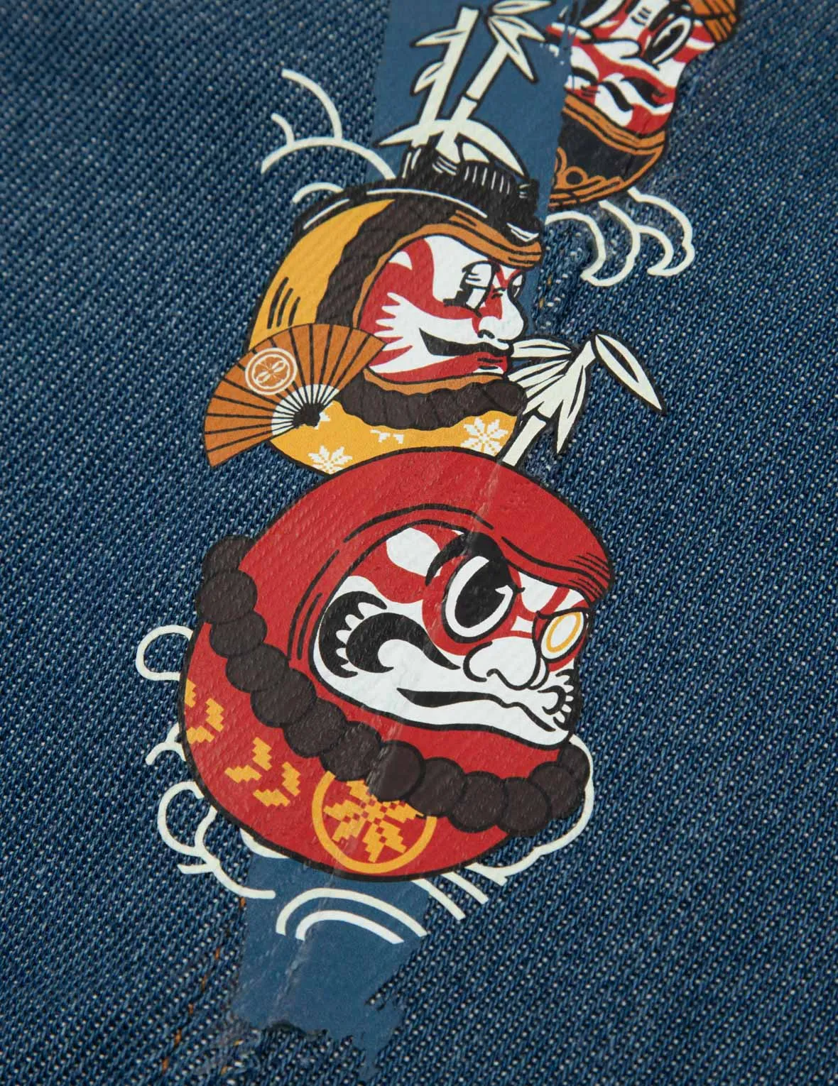 Daruma Daicock Print Regular Fit Fabric Blocking Denim Jacket