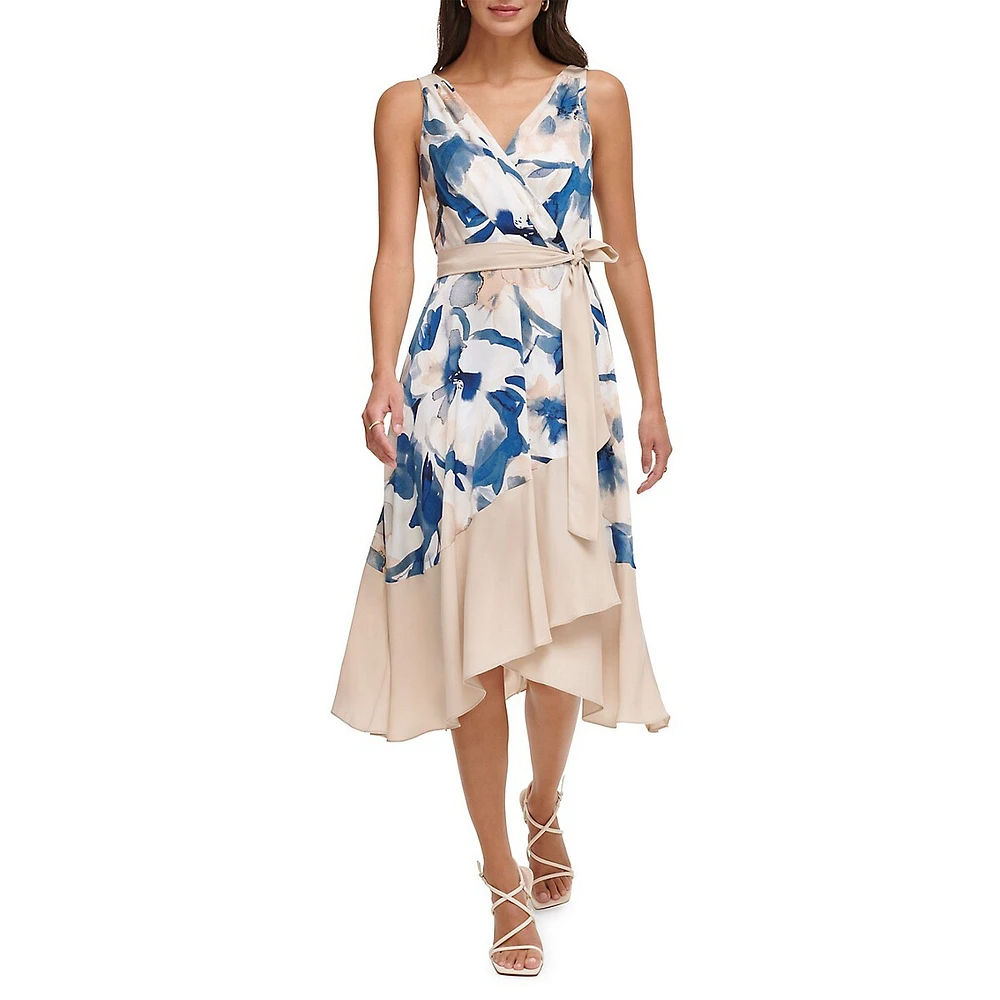 DKNY Sleeveless Belted Faux Wrap Ruffle Dress