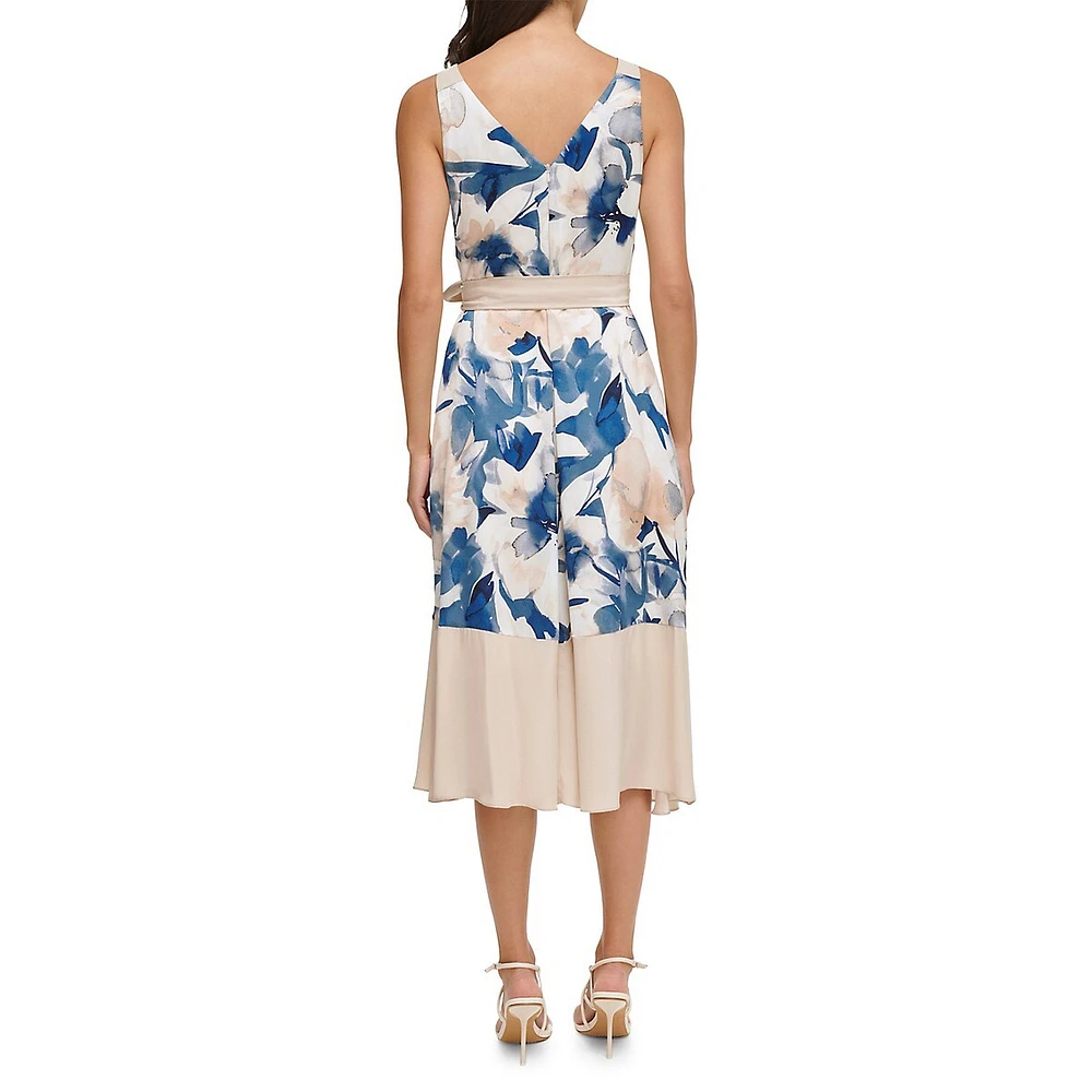 DKNY Sleeveless Belted Faux Wrap Ruffle Dress