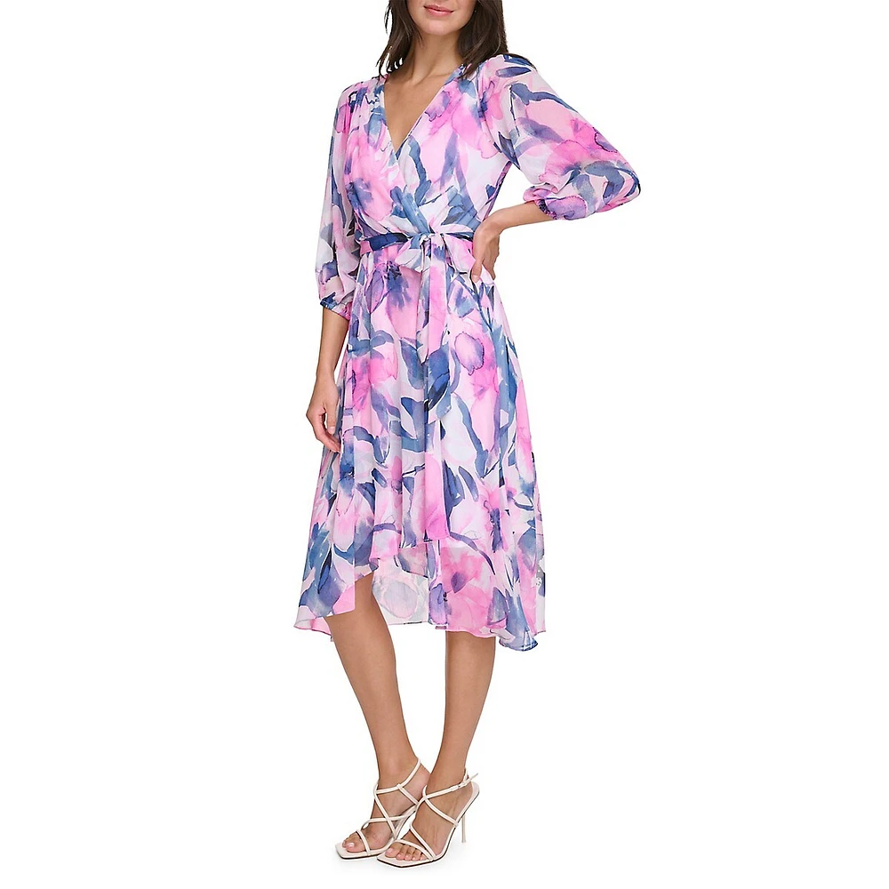 DKNY Tied Floral Balloon-Sleeve Faux Wrap Dress