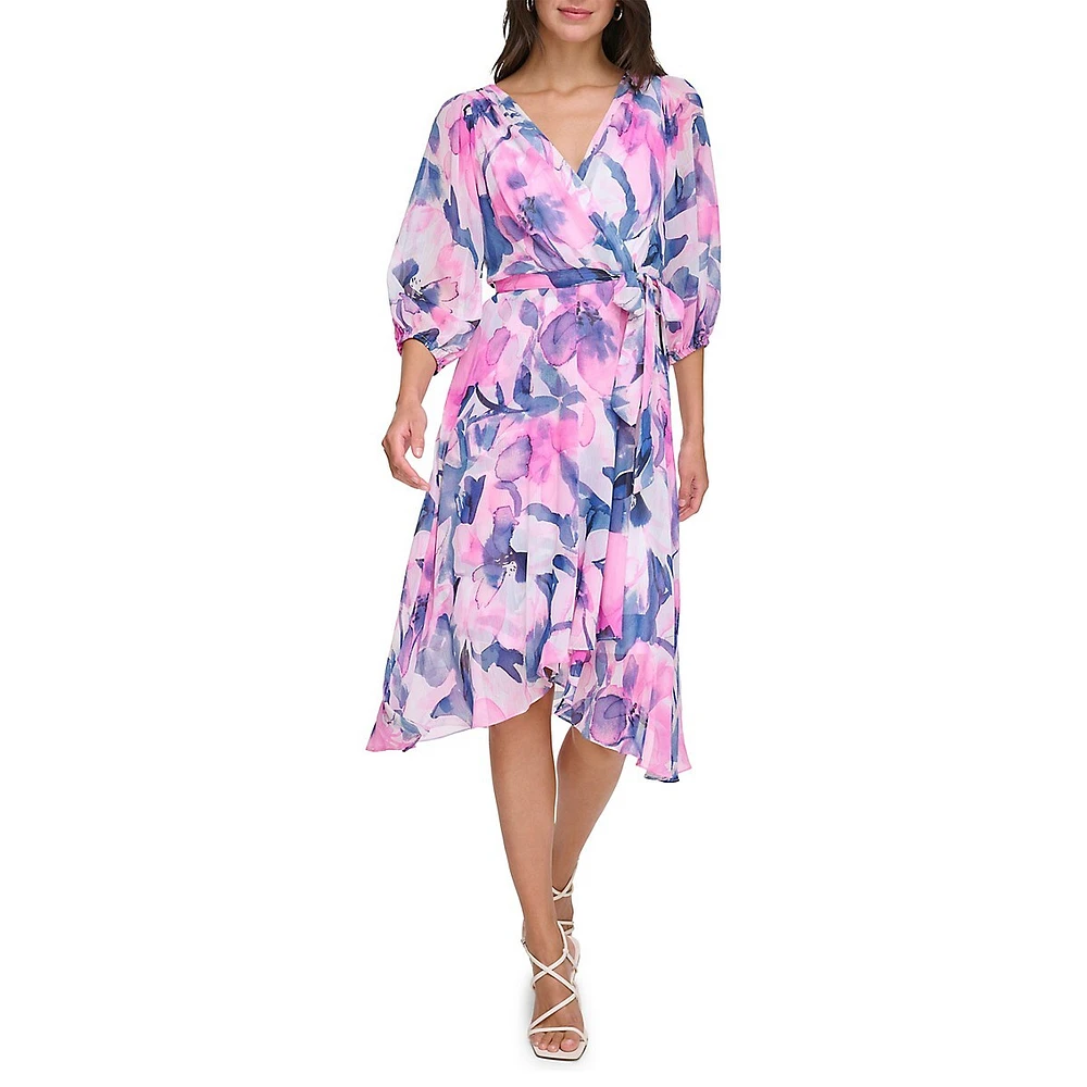 DKNY Tied Floral Balloon-Sleeve Faux Wrap Dress