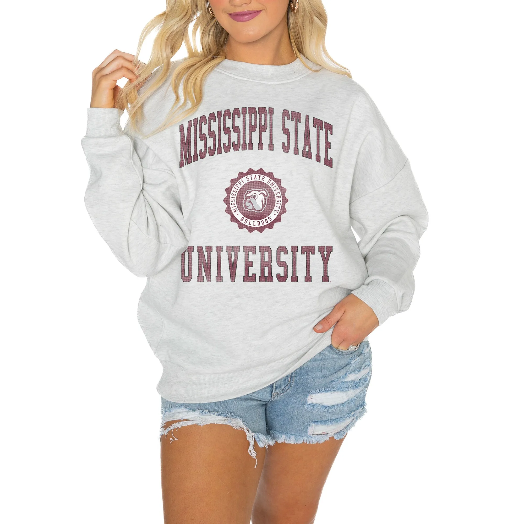 Gameday Couture Mississippi State Bulldogs Women's Steel Good Vibes Premium Fleece Drop Shoulder Pullover Sweatshirt