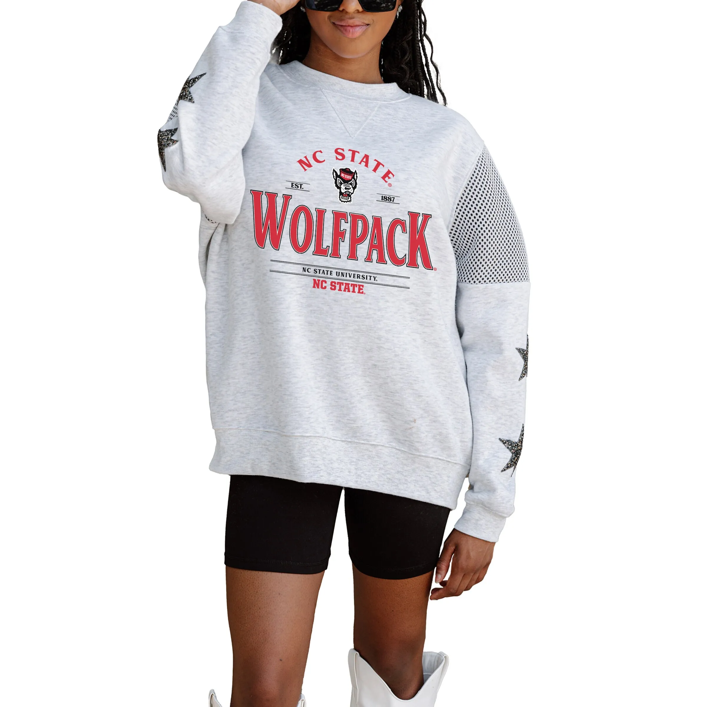 Gameday Couture NC State Wolfpack Women's Ash Rhinestone Star Mesh Shoulder Fleece Pullover Sweatshirt