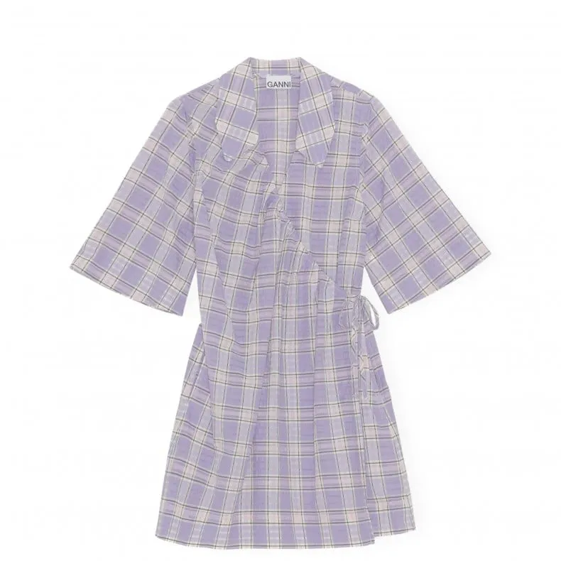 GANNI Seersucker Check Mini Wrap Dress (Check Persian Violet)