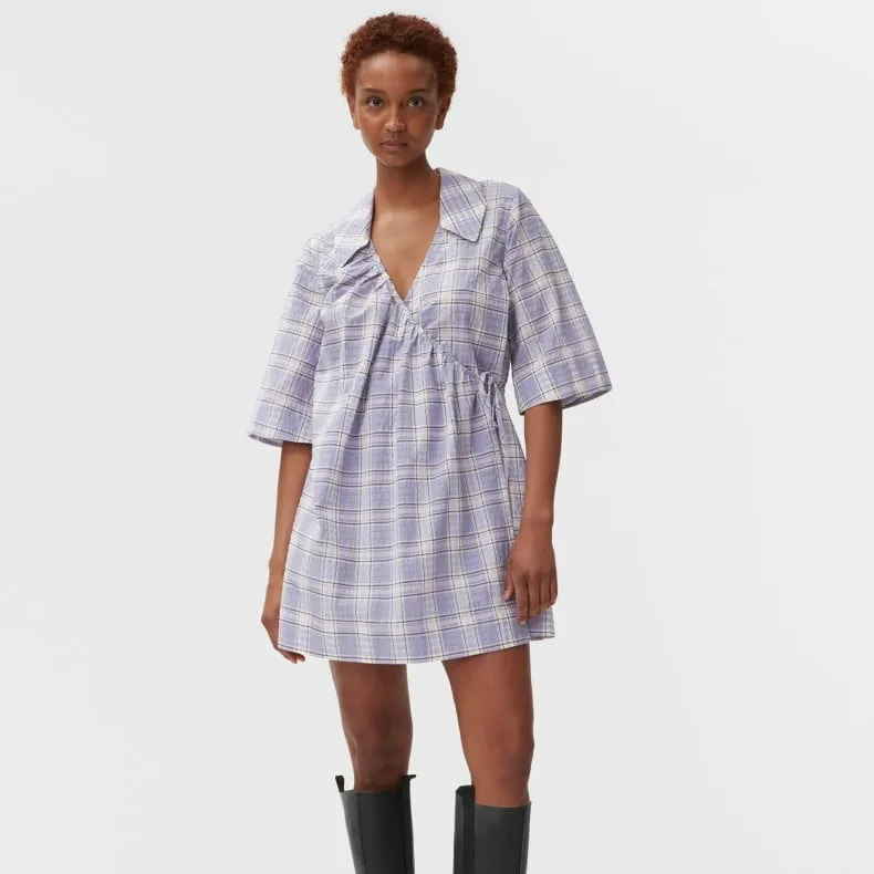 GANNI Seersucker Check Mini Wrap Dress (Check Persian Violet)