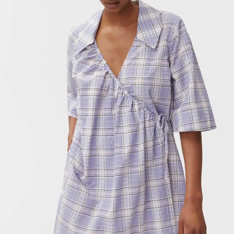 GANNI Seersucker Check Mini Wrap Dress (Check Persian Violet)