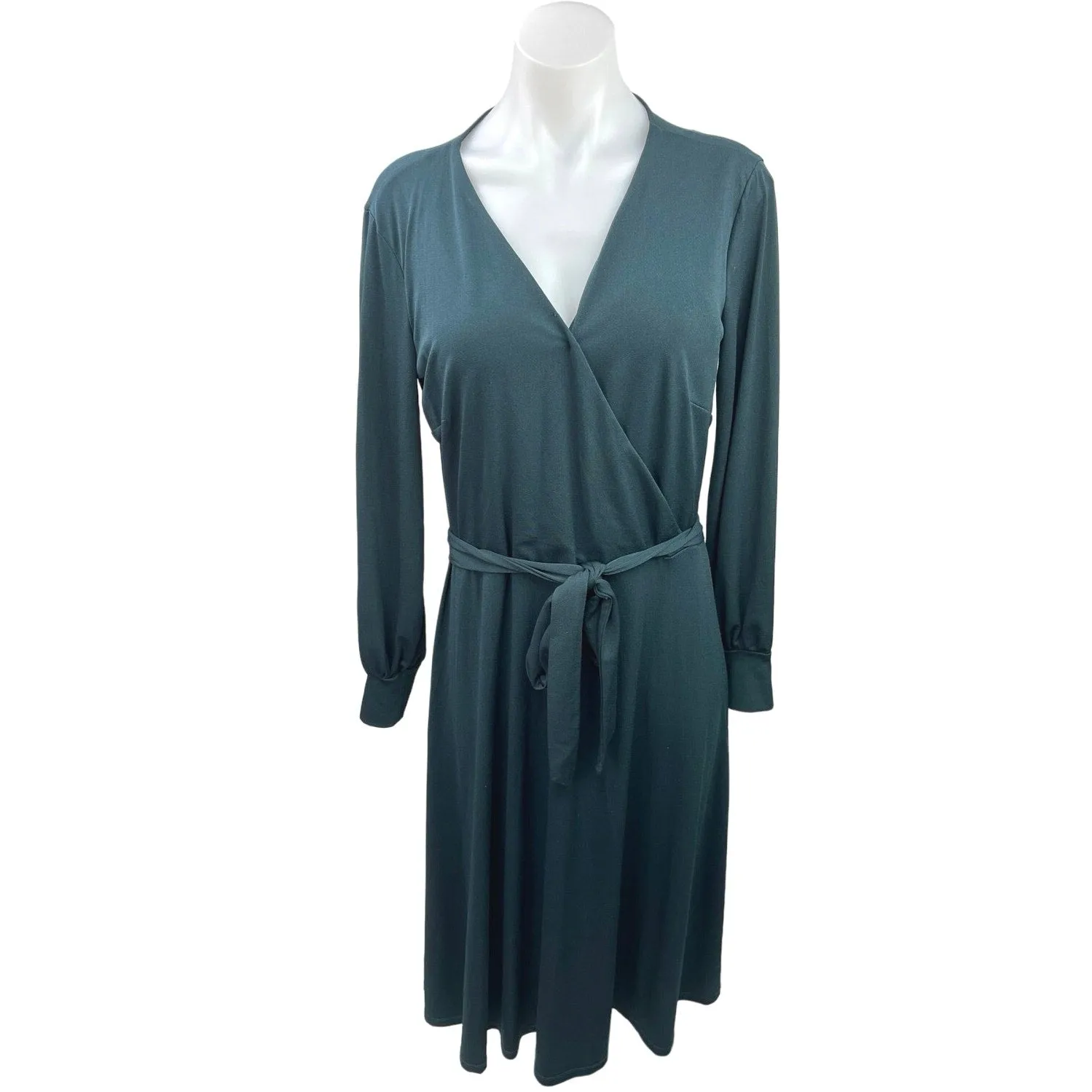 H&M Blue Soft Flowy Tie Waist Cocktail Long Sleeve V Neck Midi Wrap Dress Size M