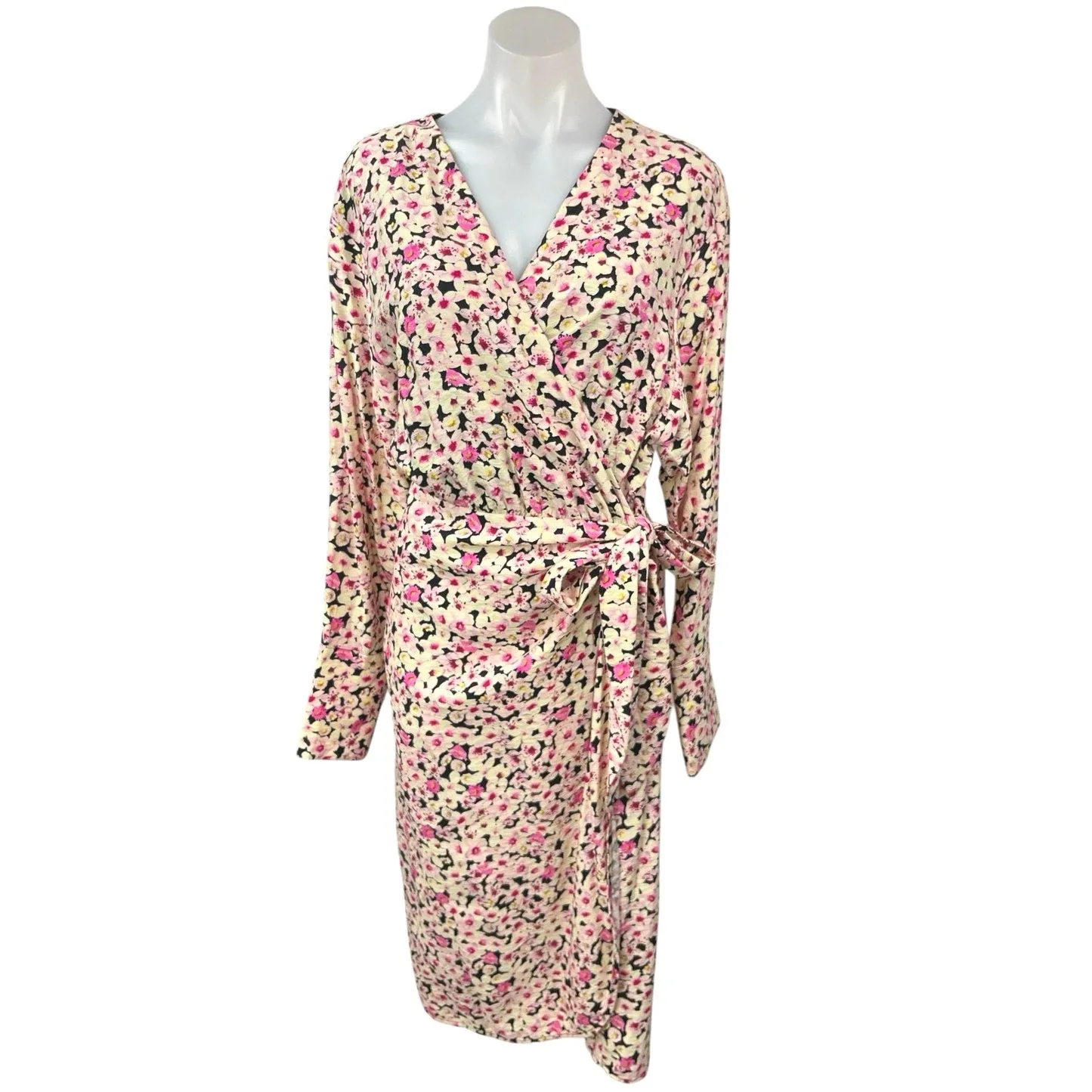 H&M Cream Pink Floral V Neck Flowy Tie Waist Long Sleeve Midi Wrap Dress Size L