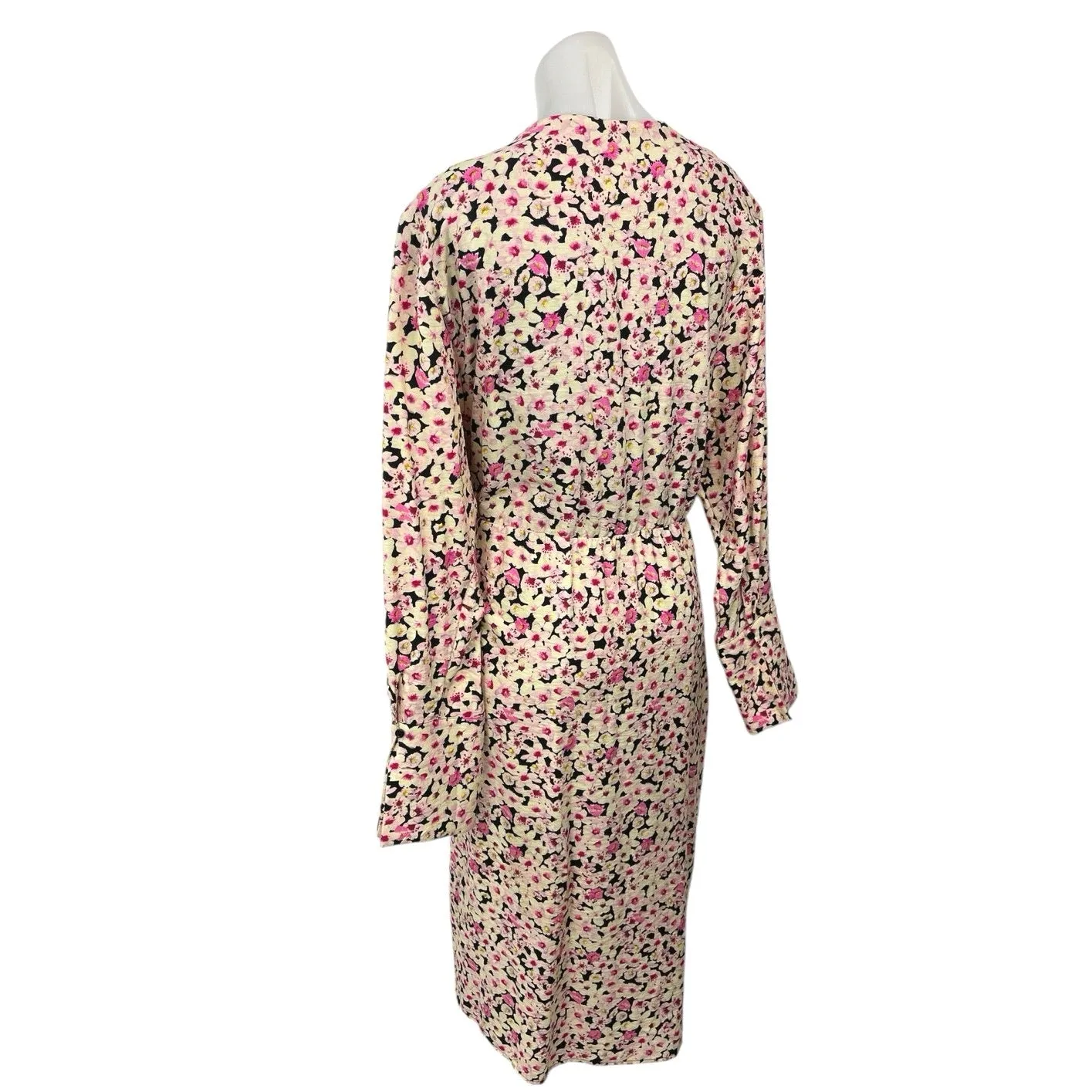 H&M Cream Pink Floral V Neck Flowy Tie Waist Long Sleeve Midi Wrap Dress Size L