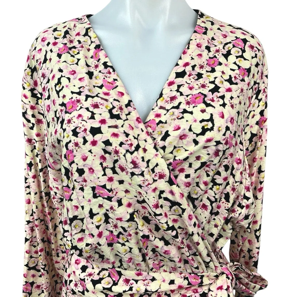 H&M Cream Pink Floral V Neck Flowy Tie Waist Long Sleeve Midi Wrap Dress Size L