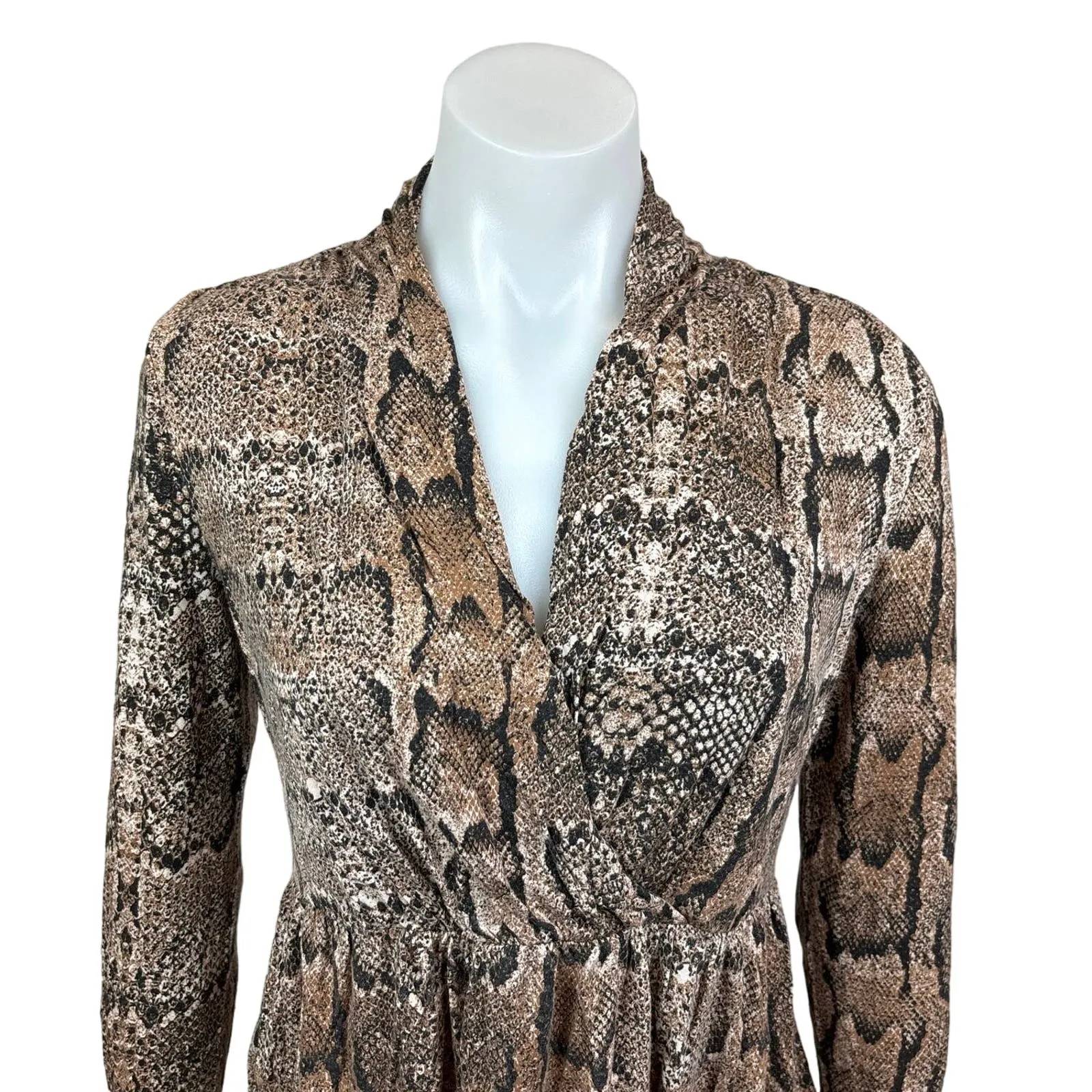 H&M Women’s Brown Snake Print Faux Wrap Knee Length Long Sleeve Dress Size M