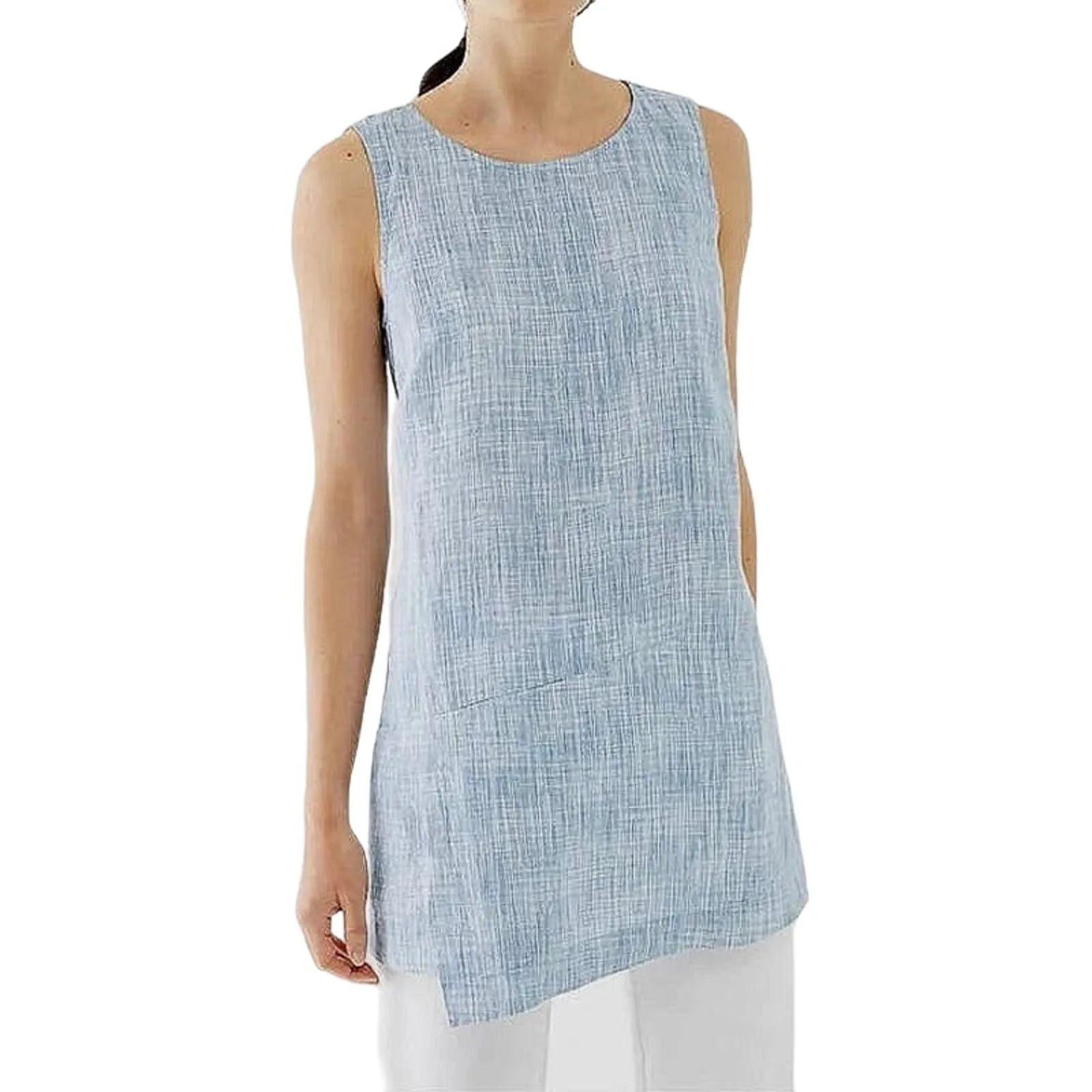 J.Jill Pure Jill Blue White 100% Linen Sleeveless Wrap Shift Tunic Dress Size XS