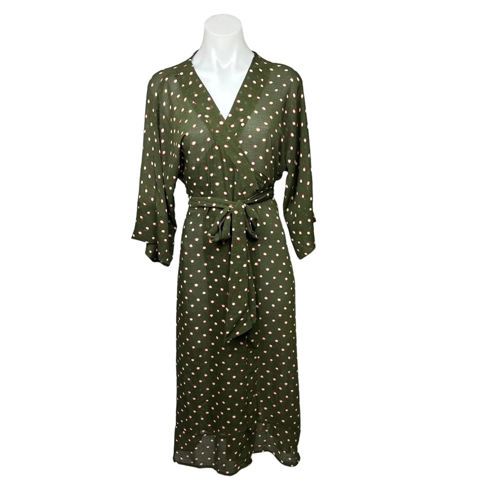 Josa Tulum Green Long Sleeve Polka Dot Print Kimono Wrap Midi Dress One Size